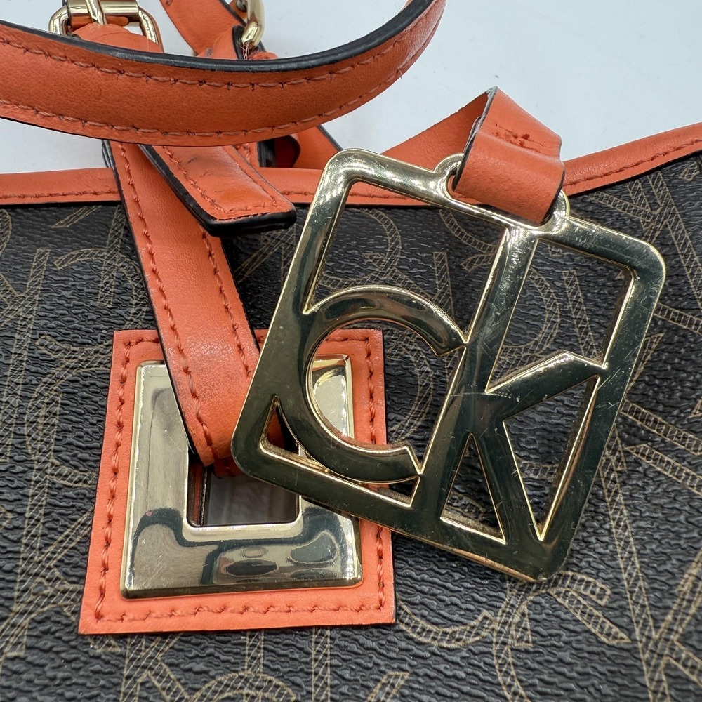 Calvin Klein Tote Bag Womens Large Brown Orange Logo Monogram Shoulder Purse CK - Picture 5 of 11